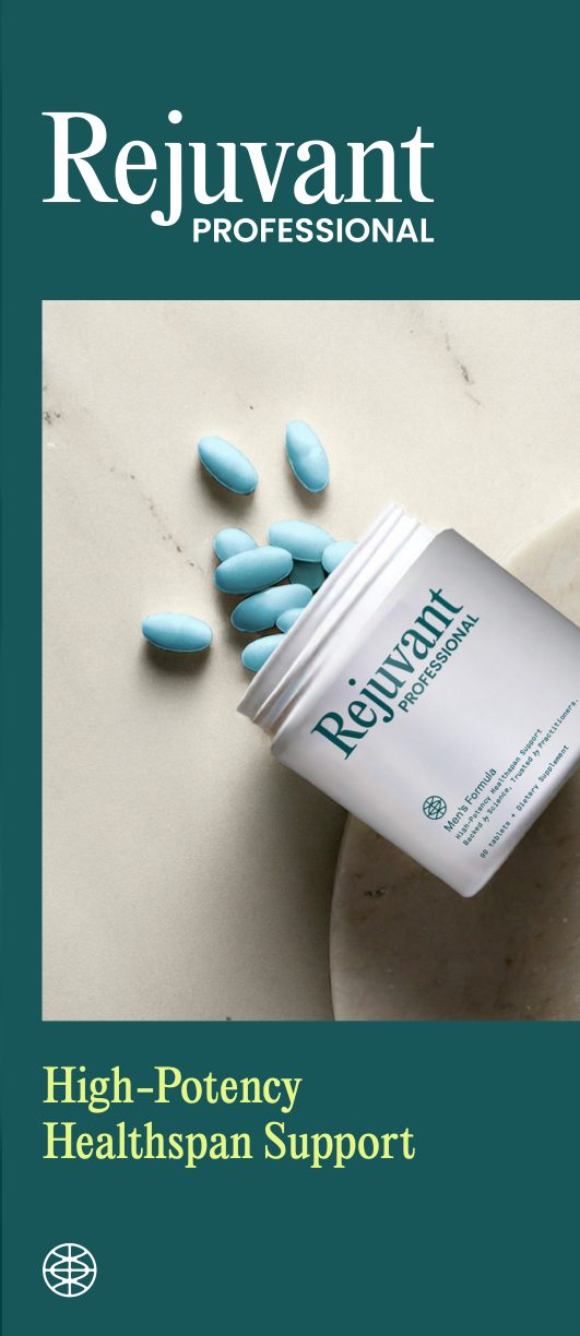 Rejuvant Professional brochure cover showing a bottle of light blue tablets